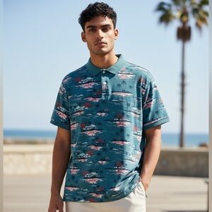 Sonoma Tropical flamingo Print Polo Shirt Blue Palm Tree Resort Vacation Mens XL